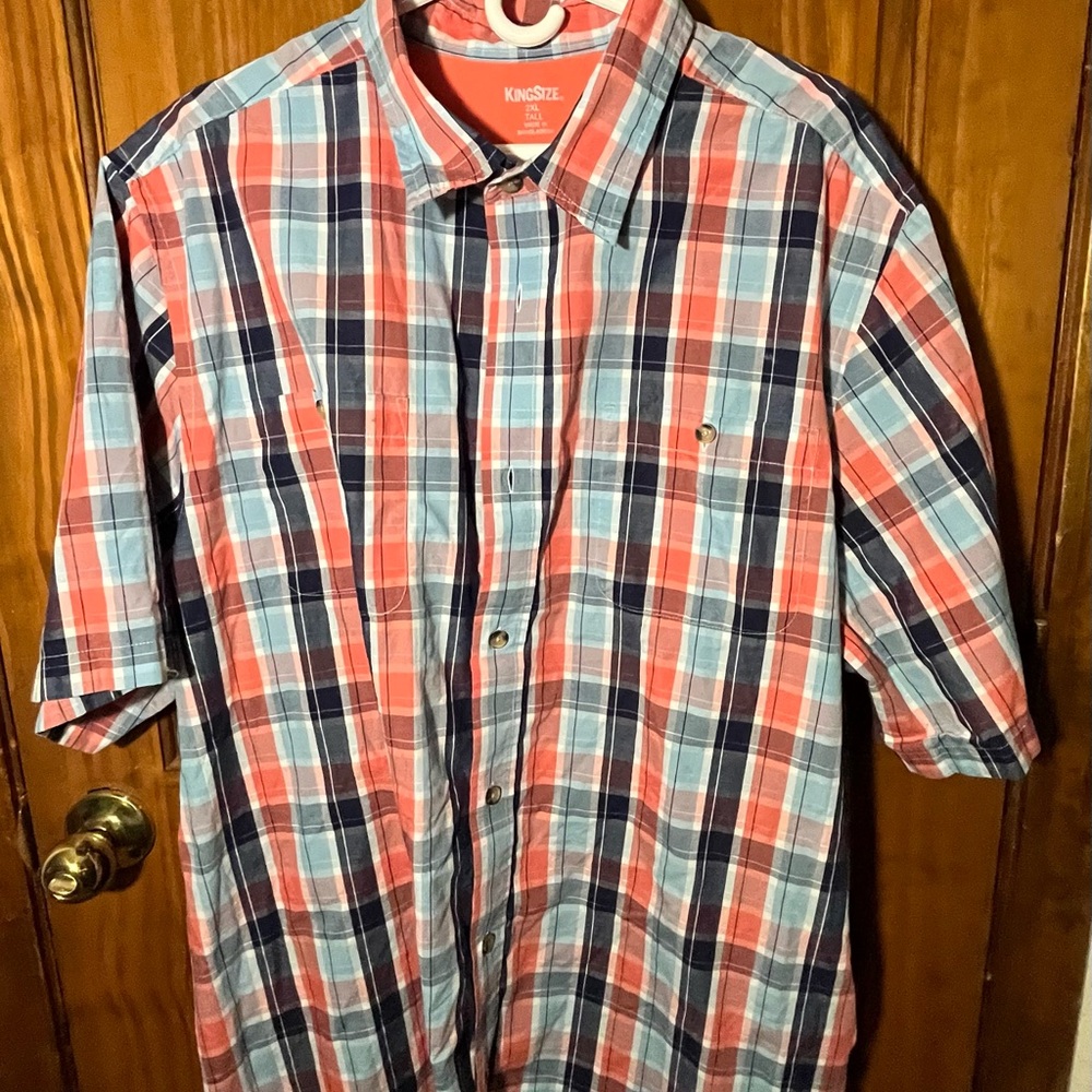 KingSize Men's Casual Plaid Button Down Shirt - Salmon and Blue